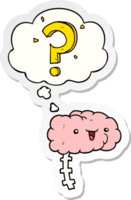 cartoon curious brain with thought bubble as a printed sticker png