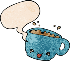 cartoon cup of coffee with speech bubble in retro texture style png