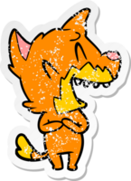 distressed sticker of a laughing fox cartoon png