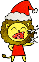 main tiré texturé dessin animé de une rugissement Lion fille portant Père Noël chapeau png