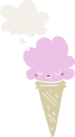 cartoon ice cream with face with thought bubble in retro style png