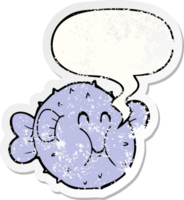 cartoon puffer fish with speech bubble distressed distressed old sticker png