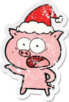 main tiré affligé autocollant dessin animé de une porc en criant portant Père Noël chapeau png