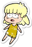 distressed sticker of a cartoon tired woman png