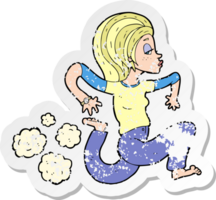 retro distressed sticker of a cartoon running woman png