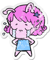 distressed sticker of a cartoon crying alien girl png