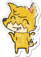 distressed sticker of a happy cartoon fox png