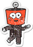 distressed sticker of a happy cartoon robot pointing png