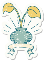 worn old sticker of a tattoo style houseplant in vase png