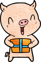 glückliches Cartoon-Schwein mit Weihnachtsgeschenk png