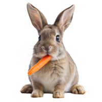 een konijn is zittend Aan een transparant achtergrond en Holding een wortel in haar mond png