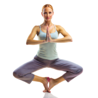 une femme est Faire yoga pose dans une transparent Contexte png