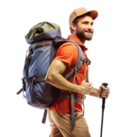 A man wearing an orange shirt and a backpack is smiling png