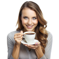 en kvinna är innehav en kaffe kopp och leende png