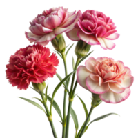 A close-up of four red and pink carnations, with stems and buds visible, captured indoors during the day png