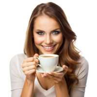 A woman is holding a white coffee cup with a smile on her face png