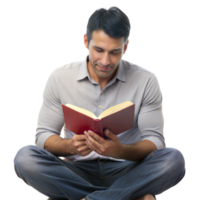 une homme est séance sur le sol en train de lire une livre png