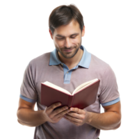 un' uomo è lettura un' libro con un' Sorridi su il suo viso png