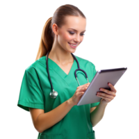 A woman in a green scrubs is smiling and using a tablet png