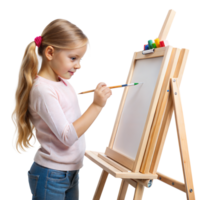 A young girl is painting a picture on a wooden easel png