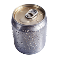 A cold, condensation-covered aluminum soda can photographed in a studio setting, emphasizing its refreshing appearance png