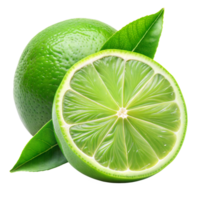 A lime is cut in half and has a leaf on top png