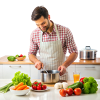 A man is cooking in a kitchen with a variety of vegetables and fruits png