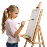 A young girl is painting on a canvas with a wooden easel png