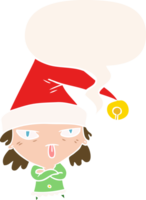 cartoon girl wearing christmas hat with speech bubble in retro style png