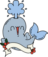 scroll banner with tattoo style happy squirting whale character png