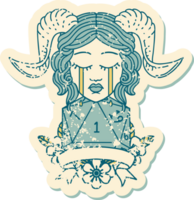 Retro Tattoo Style crying tiefling with natural one D20 dice roll png
