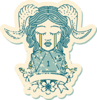 estilo de tatuaje retro llorando tiefling con una tirada de dados natural d20 png