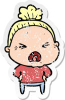 distressed sticker of a cartoon angry old woman png