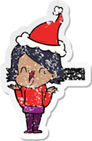 Hand gezeichnet betrübt Aufkleber Karikatur von ein glücklich Frau tragen Santa Hut png