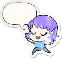 carton happy elf girl dancing with speech bubble distressed distressed old sticker png