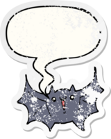 cartoon happy vampire bat with speech bubble distressed distressed old sticker png