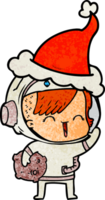 hand drawn textured cartoon of a happy spacegirl holding moon rock wearing santa hat png