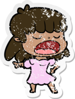 distressed sticker of a cartoon woman talking loudly png