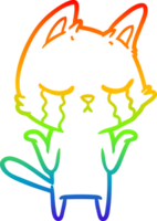 rainbow gradient line drawing of a crying cartoon cat shrugging png