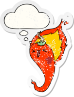 cartoon flaming hot chili pepper with thought bubble as a distressed worn sticker png