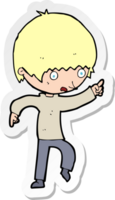 sticker of a cartoon worried boy pointing png