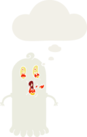 cartoon ghost with flaming eyes with thought bubble in retro style png