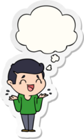 cartoon laughing confused man with thought bubble as a printed sticker png