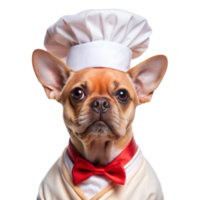 Cute dog dressed as a chef with red bow tie and chef hat png