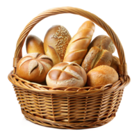 Assorted fresh bread in a wicker basket png