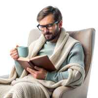 Man reading a book with a cozy blanket and cup of coffee png