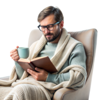 Mann lesen ein Buch mit ein gemütlich Decke und Tasse von Kaffee png