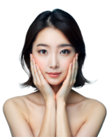 An Asian woman standing with her hands on her face in a contemplative pose png