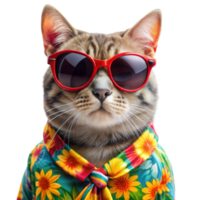 Fashionable cat wearing sunglasses and floral Hawaiian shirt png