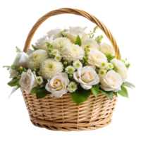 A basket filled with a variety of white flowers and greenery png